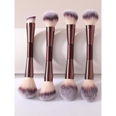 Imagem de 4 conjuntos de pincéis de maquiagem de cabeça dupla para blush, corretivo, pincel iluminador para líquido, creme e pó - polido, mistura e pincel facial (bordô)