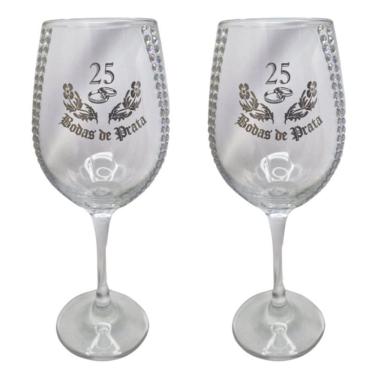 Imagem de Kit 2 Taças Vidro Bodas De Prata 25 Anos Luxo + Presente