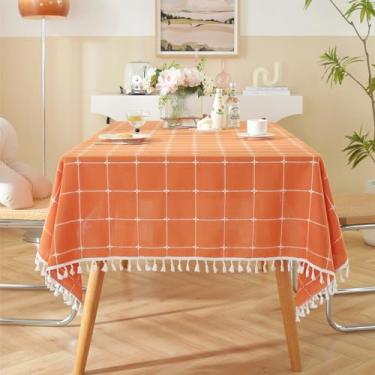 Imagem de Toalha de mesa xadrez rústica de linho de algodão quadriculada à prova d'água com borla, decoração para cozinha, jantar, festa de Natal, 139,7 x 259 cm, retangular, laranja, 10 a 12 lugares