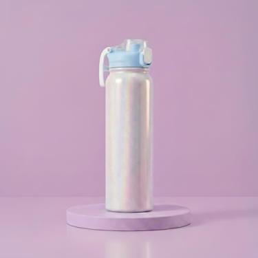 Imagem de Garrafa Térmica 900ml com Efeito Holográfico e Dupla Saída de Água | Canudo Retátil e Bico, Tampa Antivazamento e Alça (Azul)