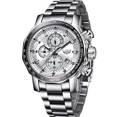 Imagem de LIGE Relógios masculinos, masculinos, esportivos, militares, à prova d'água, de aço inoxidável, com data, analógico, quartzo, masculino, Branco, 8.07, Movimento de quartzo