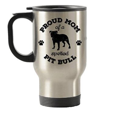 Imagem de Proud mom of a Spoiled Pit Bull Dog Lover ideia de presente de aço inoxidável viagem isolado caneca (preto)