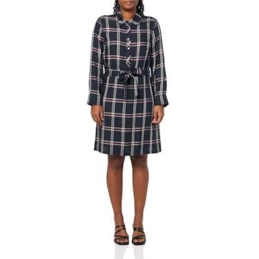 Imagem de Tommy Hilfiger Vestido feminino Ashbury xadrez com botão na cintura, Sky Captain Multi, 38