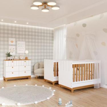 Imagem de Quarto Bebê Gêmeos com 2 Berços Mini Cama e Cômoda 6 Gavetas Liza Perm