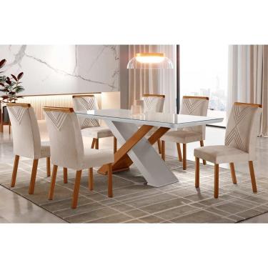 Imagem de Sala De Jantar Completa Imperatriz Tampo Madeirado C- Vidro Curvo 180x90 E 6 Cadeiras Amsterdã Imbuia-veludo Creme-pérola - Rufato