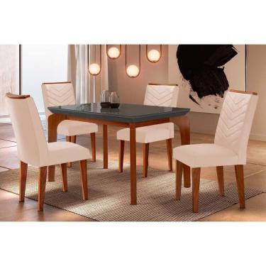 Imagem de Sala De Jantar Completa Londrina Tampo Madeirado C- Vidro Curvo 120x80 E 4 Cadeiras Londrina Imbuia-veludo Creme-pérola - Rufato