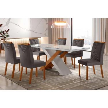 Imagem de Sala De Jantar Completa Imperatriz Tampo Madeirado C- Vidro Curvo 180x90 E 6 Cadeiras Amsterdã Imbuia-veludo Grafite - Rufato