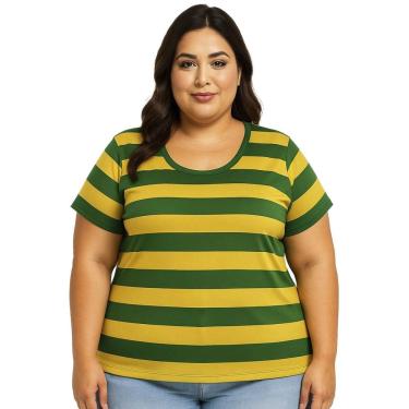 Imagem de Camiseta Torcedora Brasil Listrada Verde Amarela Tamanho Plus Size