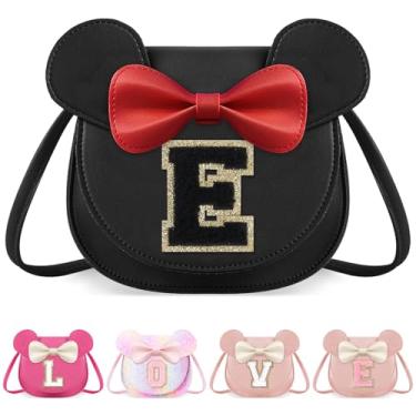 Imagem de Bolsa infantil para meninas - Linda bolsa tiracolo com laço de orelha de rato para crianças de 2 a 8 anos - presente de aniversário, Grande/Bolsa preta/Letra preta, E