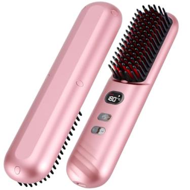 Imagem de Escova alisadora de cabelo sem fio para viagens - Escova térmica portátil Hot Comb Pro com íons negativos e bateria recarregável de 9600 mAh, rosa 01