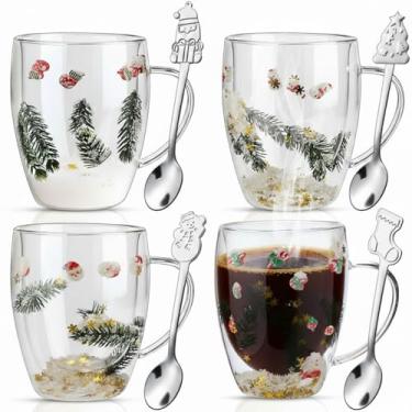 Imagem de Baderke 4 peças de caneca de café de vidro de Natal copos isolados de parede dupla copo de café expresso de 350 ml com alça e 4 peças de colheres de Natal de aço inoxidável para presente quente do