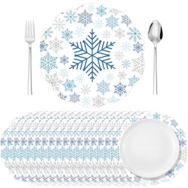 Imagem de Moinchore Pacote com 100 tapetes redondos descartáveis de papel floco de neve de 33 cm, tapetes de mesa decorativos de floco de neve azul para Natal, Natal, inverno, férias, festas, conjunto de mesa