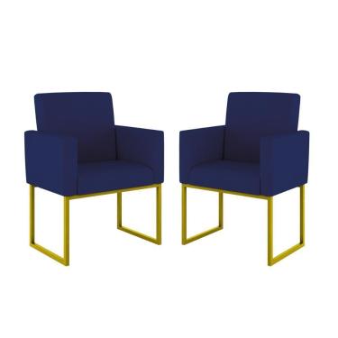 Imagem de Kit 02 Cadeiras Poltrona Decorativa Sala Quarto Base Dourado Cor: Azul Marinho