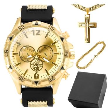 Imagem de Kit Relógio Masculino Dourado Luxo Casual Corrente Grumet 11mm Caixa Presente Pingente Cruz e Pulseira Banhada Ouro 18k