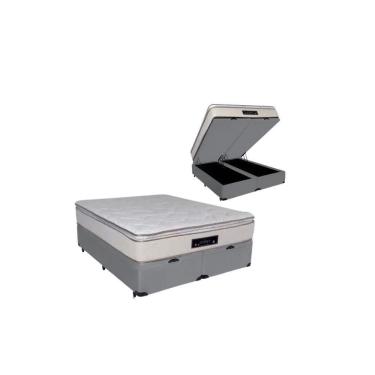 Imagem de Cama Box Baú Queen Suede + Colchão Cloud Pillow Top Molas Ensacadas Luckspuma 158x198x74 Cor:cinza