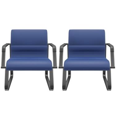 Imagem de Kit 02 Cadeiras De Escritório Recepção Fixa Pés Preto Lev P03 Vinil Azul - Lyam Decor