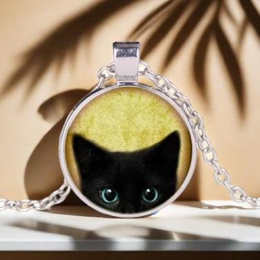 Imagem de Colar de gato preto com pingente de moeda redonda para mulheres, middle, Metal, Sem Pedra Preciosa