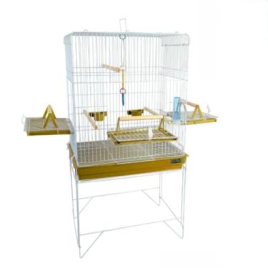 Imagem de Gaiola grande para papagaio e calopsita com espaço amplo, bandeja removível, comedouros e poleiros, ideal para aves mansas que precisam de um viveiro seguro e confortável (Amarelo)