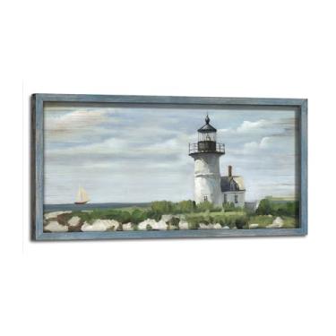 Imagem de Decoração de parede de praia para banheiro: farol costeiro imagem emoldurada de madeira oceano mar impressão arte praia paisagem marítima pintura fotos para quarto sala de estar escritório 61 x 30