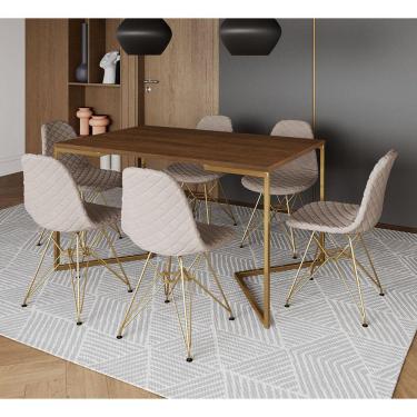 Imagem de Mesa Jantar Industrial Amêndoa Base V Dourada 137x90cm 6 Cadeiras Dourada Estofadas Nude Claro