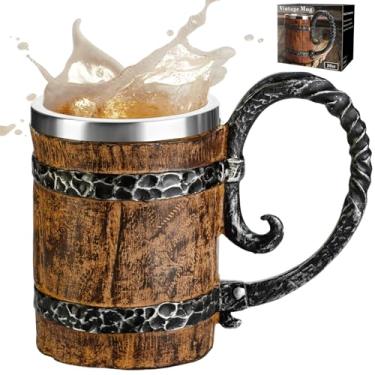 Imagem de PARACITY Caneca de cerveja Viking, caneca de cerveja com alça, canecas viking de aço inoxidável 590 ml, caneca de café para bar, copo de cerveja viking de madeira/canecas para homens, acessórios