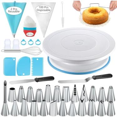 Imagem de GZMAISULEE 240 kits de suprimentos de decoração de bolos, mesa giratória de bolo, 100 sacos de confeitar, 100 forros de cupcake descartáveis, 24 pontas de confeitar, 3 raspadores de confeiteiro, 2