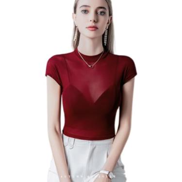 Imagem de Yueary Camiseta feminina de malha transparente elegante gola redonda canelada manga curta blusa Clubwear camiseta transparente, Vermelho, 3G
