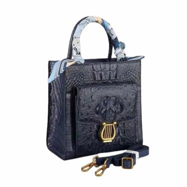 Imagem de Bolsa feminina com pele de jacaré genuína, pequena, bolsa de ombro cruzada, autêntica de couro de crocodilo verdadeiro, bolsa de mão, Azul escuro, 20cm(Length) x 20cm(Height) x 10cm(Deep)