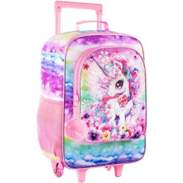 Imagem de Mala infantil para meninas e meninos, mala com rodinhas resistente à água, bagagem de viagem para crianças pré-escolares primárias, Bagagem de unicórnio para meninas, One Size, Bagagem para meninas