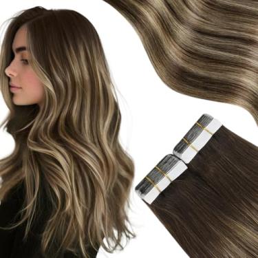 Imagem de Moresoo Extensões de cabelo loiro extensões de cabelo humano Remy 30,5 cm 40 peças Fita Glam Sem Costura Extensões de Cabelo Cor #4 Ombre #27 Loiro caramelo com #4 Fita Adesiva Marrom em Cabelo Liso Sedoso 60 g