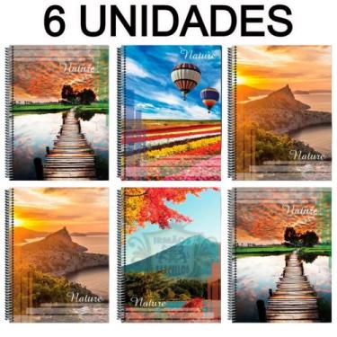 Imagem de Kit 6 Cadernos Espiral 96 Folhas Universitário Capa Dura Estampa Natur