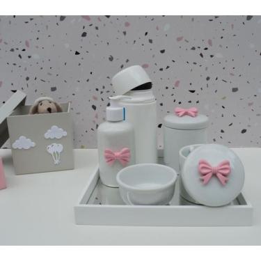 Imagem de Kit Higiene Bebê K010 Apliques Rosa Bandeja Espelho Banho Quarto - Cir