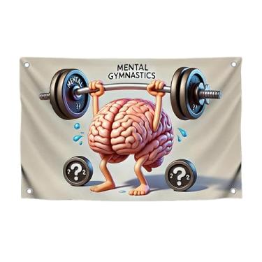 Imagem de Bandeira de 9,5 x 1,5 m com citação com quatro argolas de latão - Banner de treinamento de ginástica mental para academia ou sala - o cérebro levanta a barra, design exclusivo para tapeçaria de parede