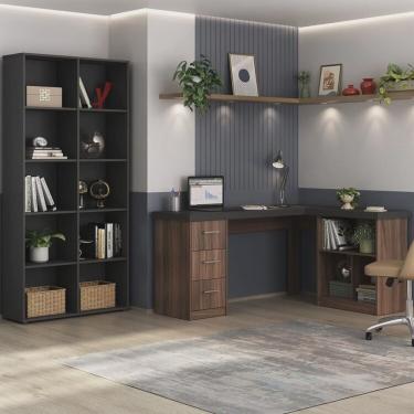 Imagem de Kit 2 Peças com Escrivaninha em L com Nichos e 3 Gavetas e Estante Clean com 10 Nichos