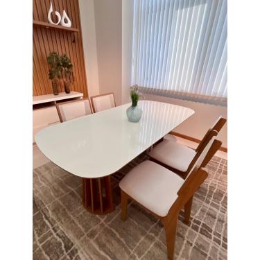 Imagem de Kit Mesa Oval 4 Cadeiras de Jantar Tela 100% MDF Branco Bege Dalla Costa