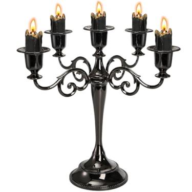 Imagem de YOUEON Candelabro preto de 5 braços, suporte de vela de candelabro, suporte de castiçal de 25 cm de altura, elegante suporte de vela cônica para casamento, igreja, Halloween, jantar, decoração de casa