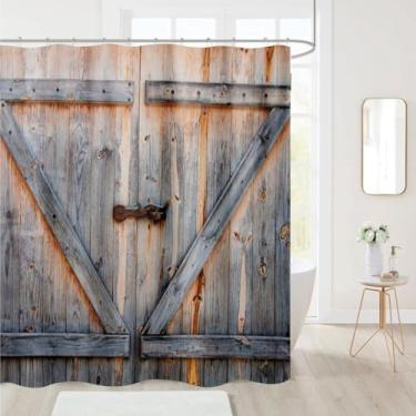 Imagem de Amagical Cortina de chuveiro de porta de celeiro retrô de madeira Farmhouse, acessórios de cortina de banheira de tecido de poliéster para presente, 188 x 180 cm com 12 ganchos, decoração de festival