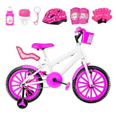 Imagem de Bicicleta Infantil Aro 16 Nylon + Kit Premium Branca E Pink
