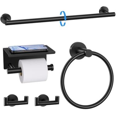 Imagem de TNOMS Conjunto de 5 peças de toalheiro preto fosco conjunto de ferragens de banheiro suporte de papel higiênico atualizado com prateleira conjunto de toalheiros para banheiro, aço inoxidável, montado