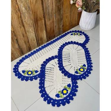 Imagem de Kit Tapete e Passadeira Cozinha Oval 3 Peças Cristal Bordado (Azul Royal)