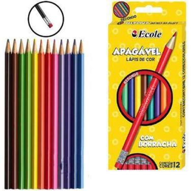 Imagem de Lápis de cor redondo apagável com borracha - 12 cores - ECOLE