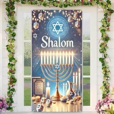 Imagem de BlissYard Capa para porta de Hanukkah, 89 x 188 cm, Shalom Menorah Dreidels, fundo de cabine de fotos para festas festivas, faixa de porta da frente, tecido de poliéster, decoração sazonal para