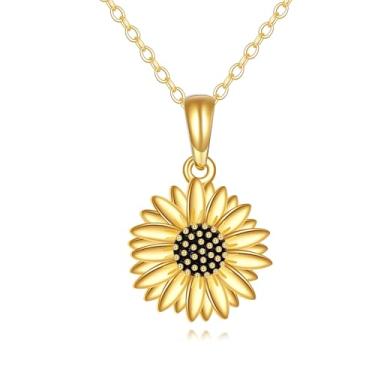 Imagem de KECHO Colar de girassol em ouro amarelo 14 k para mulheres, pingente de flor de ouro maciço, joias, presente de aniversário para ela, Medium, Ouro, Zircônia cúbica