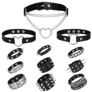 Imagem de CIATBYYJ Conjunto de 12 peças de gargantilha e pulseira cravejada - 3 gargantilhas de couro e 9 pulseiras emo, acessórios punk rock pretos para mulheres e homens, acessórios góticos de rock dos anos