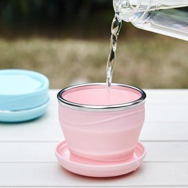 Imagem de 1 copo para uso ao ar livre, enxaguante bucal de viagem, dobrável, copo portátil de silicone de alta estética (rosa)