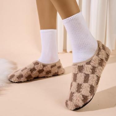 Imagem de Meias xadrez para mulheres e homens, quentes, para o inverno, descalças, confortáveis, confortáveis, para uso doméstico, ioga, casa, quarto, Caqui, 9-10 Women/7.5-8.5 Men