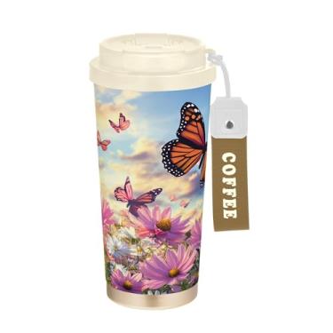 Imagem de SEHANY Caneca de viagem borboleta e flores de 482 ml Copos de café reutilizáveis revestidos de cerâmica com tampa à prova de vazamento, parede dupla, isolamento a vácuo, copo de café de aço inoxidável