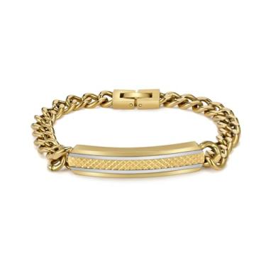 Imagem de Pulseira masculina de elos cubanos de aço inoxidável, 21 cm, design quadriculado em dois tons, preto, azul, dourado, One Size, Aço inoxidável, Sem Pedra Preciosa