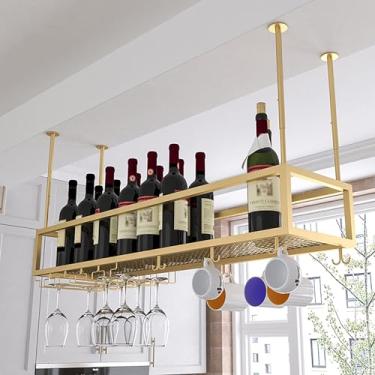 Imagem de Rack de copo de vinho de teto, rack de vinho suspenso com suporte de vidro e prateleira, suporte de garrafa de vinho de cabeça para baixo, prateleira de armazenamento de cálice ajustável em altura