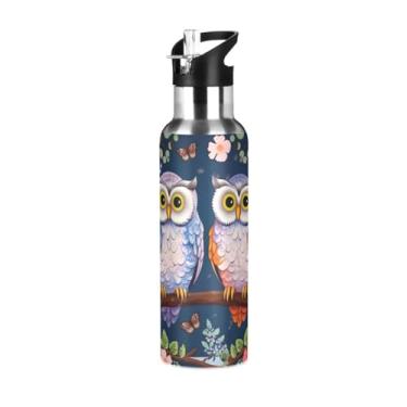 Imagem de Burbuja Garrafa de água de aço inoxidável Owls Sitting on Branch, garrafas de água isoladas a vácuo com tampa de canudo para esportes, academia, escola - à prova de vazamento e suor, sem BPA, 590 ml